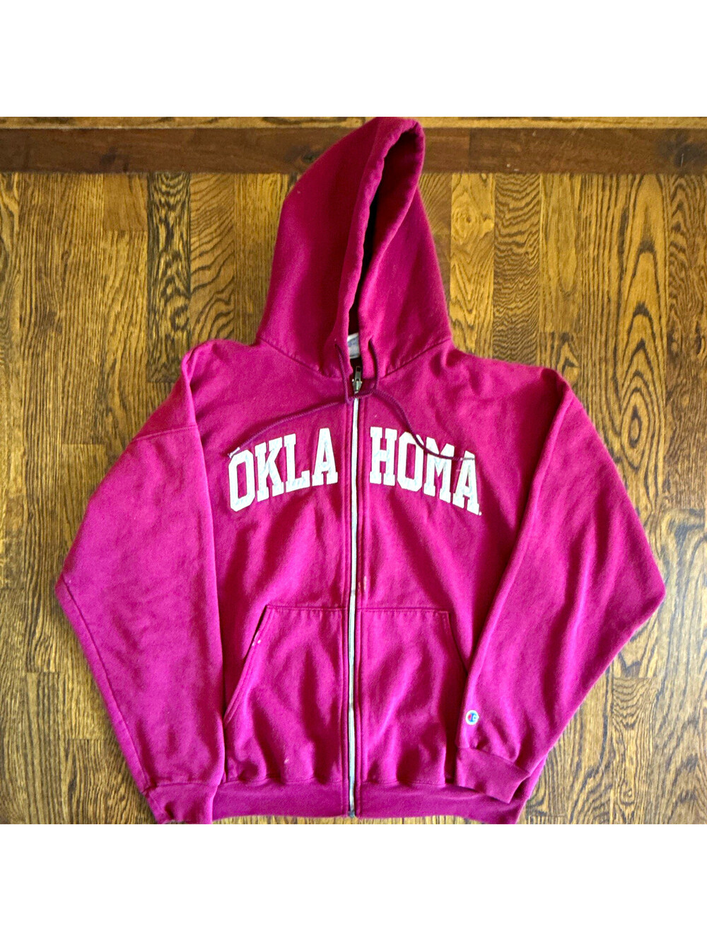 VTG Champion Oklahoma Full Zip Fleece Hoodie Logo Crimson Embroidered Mens L
